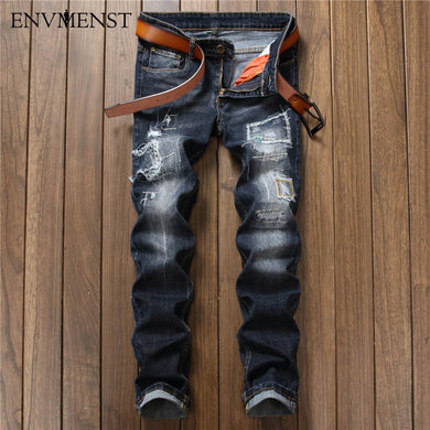 2017 High Quality Men's Ripped Biker Jeans 98% Cotton Blue Slim Fit Motorcycle Jeans Men Vintage Distressed Denim Jeans Pants