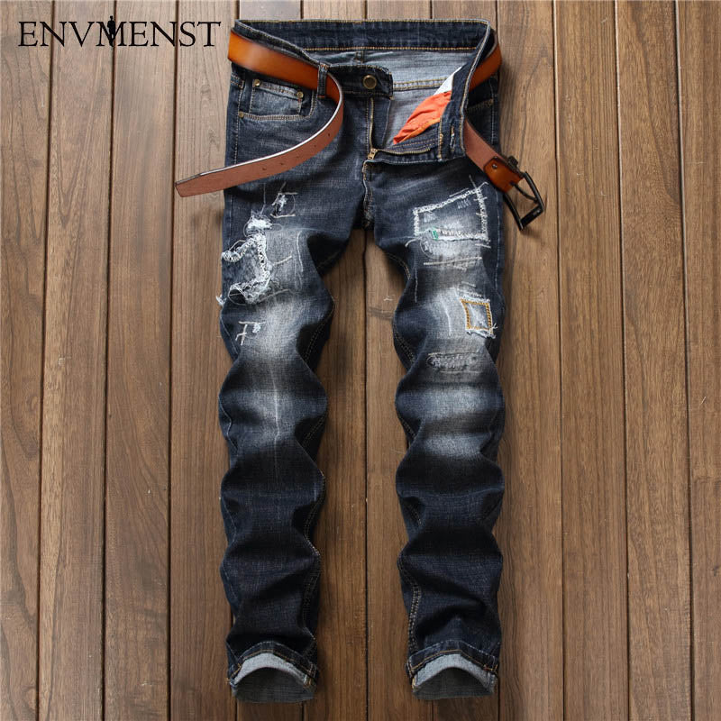 2017 High Quality Men's Ripped Biker Jeans 98% Cotton Blue Slim Fit Motorcycle Jeans Men Vintage Distressed Denim Jeans Pants