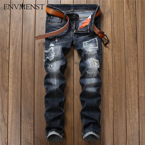 2017 High Quality Men's Ripped Biker Jeans 98% Cotton Blue Slim Fit Motorcycle Jeans Men Vintage Distressed Denim Jeans Pants