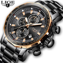 Load image into Gallery viewer, LIGE Watches Men Luxury Chronograph Stainless Steel Large Dial Quartz Men Watch Casual Sport Waterproof Watch Relogio Masculino